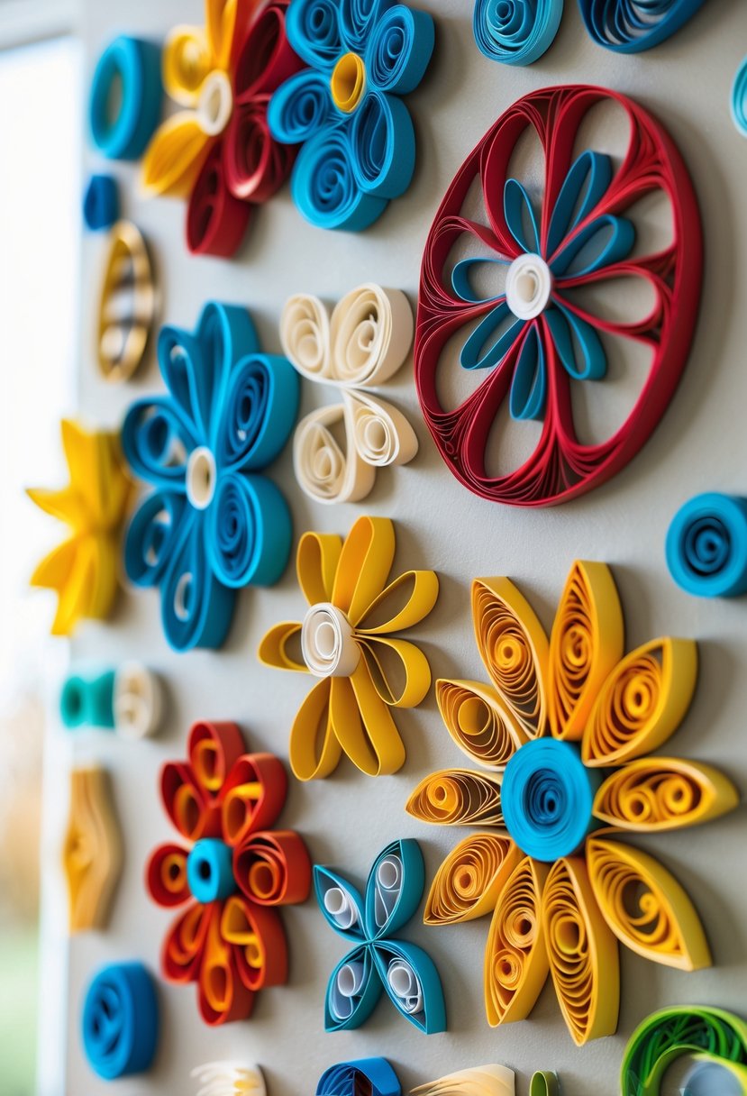 A wall decorated with colorful paper quilling art featuring various intricate shapes and patterns.