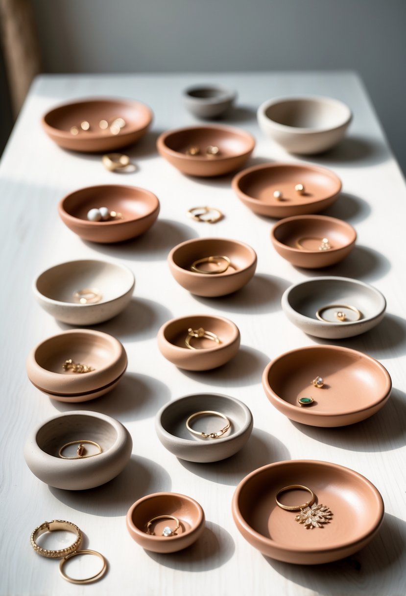 A collection of handmade clay jewelry dishes displayed on a wooden surface, some holding rings and earrings.