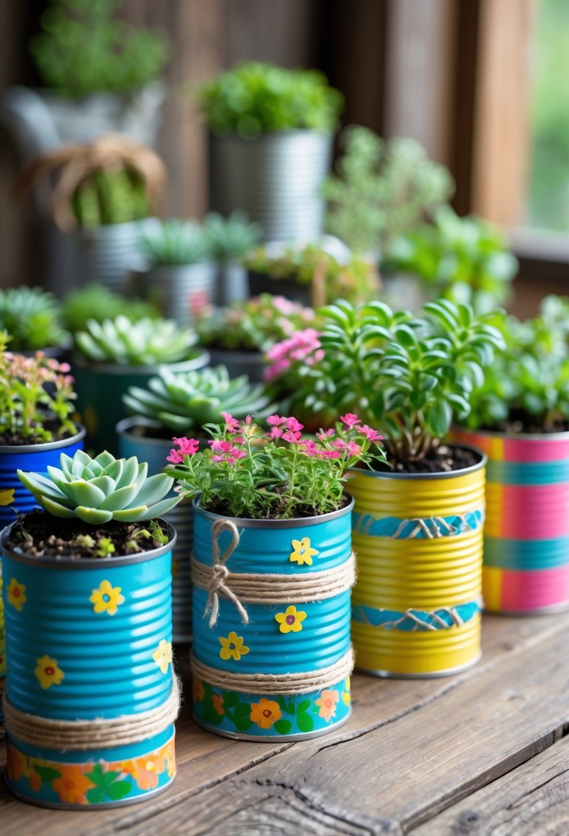 A collection of creatively decorated tin cans used as planters holding various green plants and flowers on a wooden table.