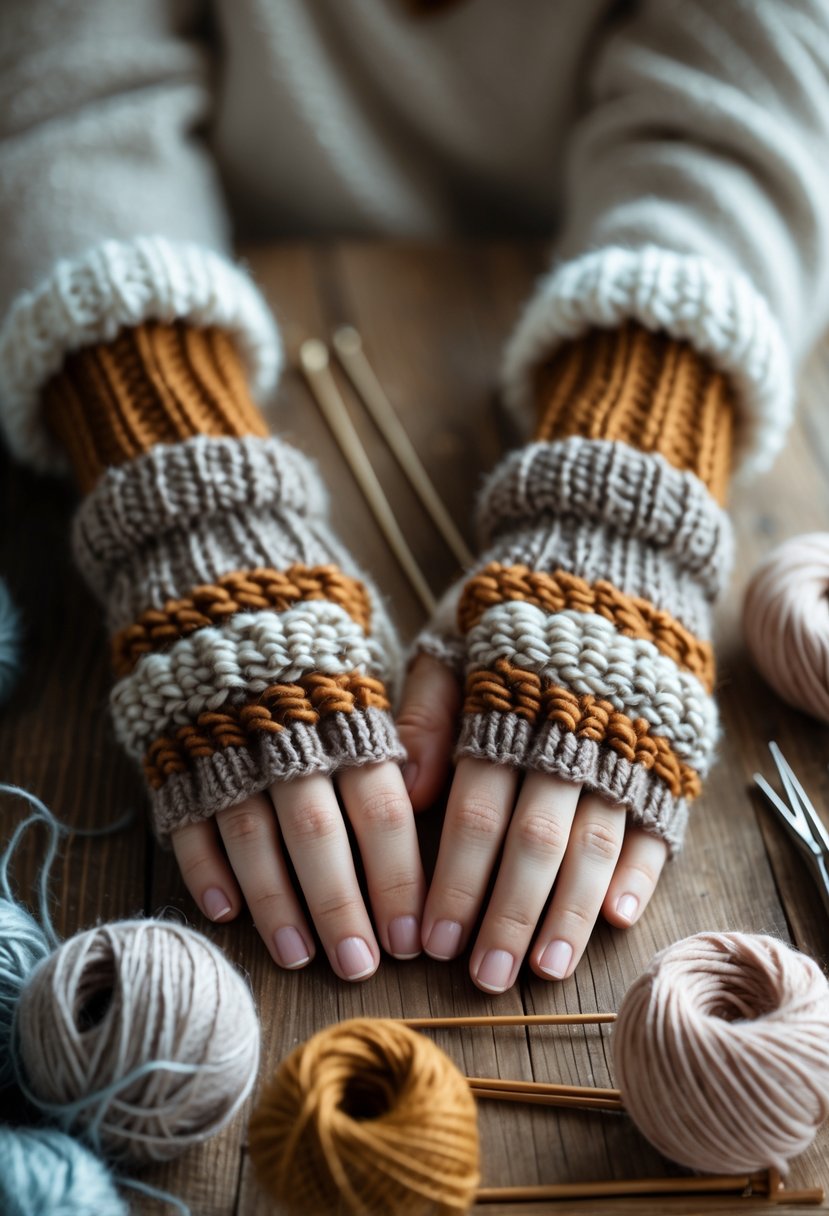 Hands wearing knitted fingerless gloves holding yarn and knitting needles on a wooden table.