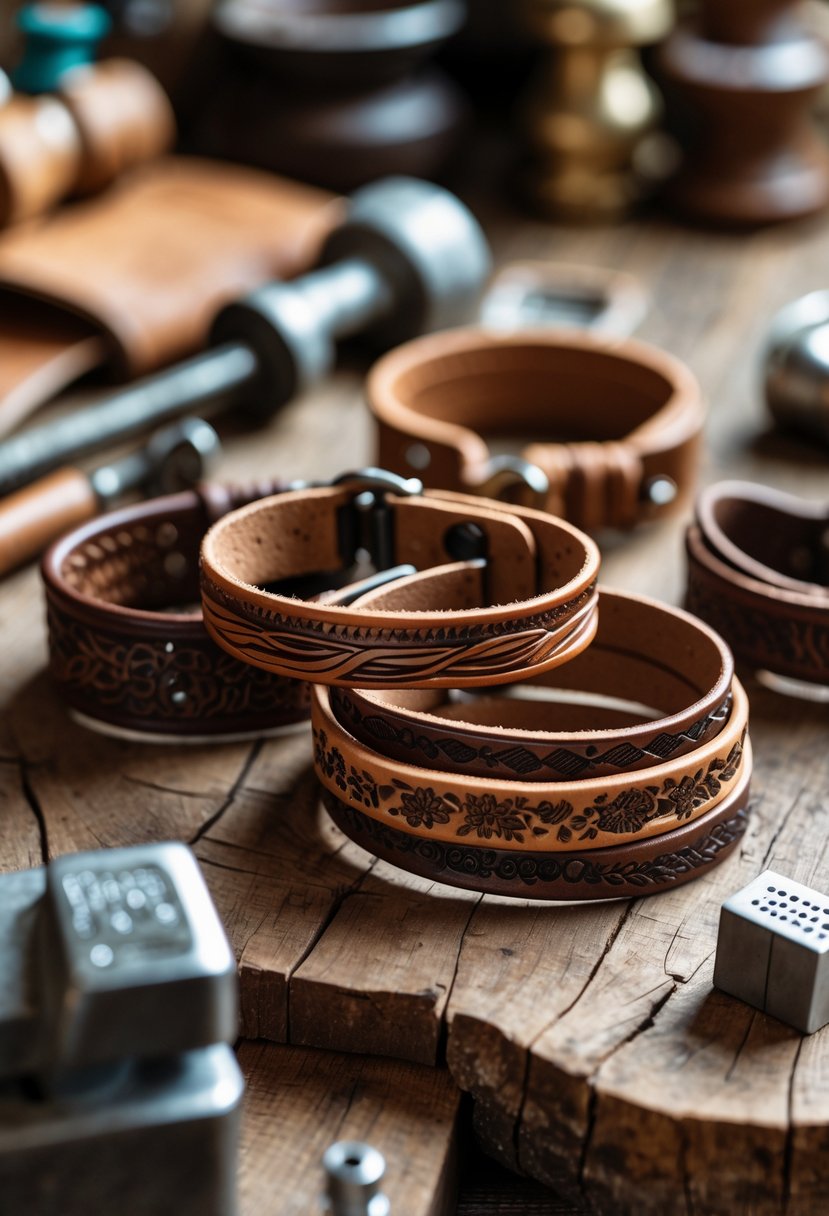 Close-up of several stamped leather bracelets on a wooden surface with leatherworking tools in the background.