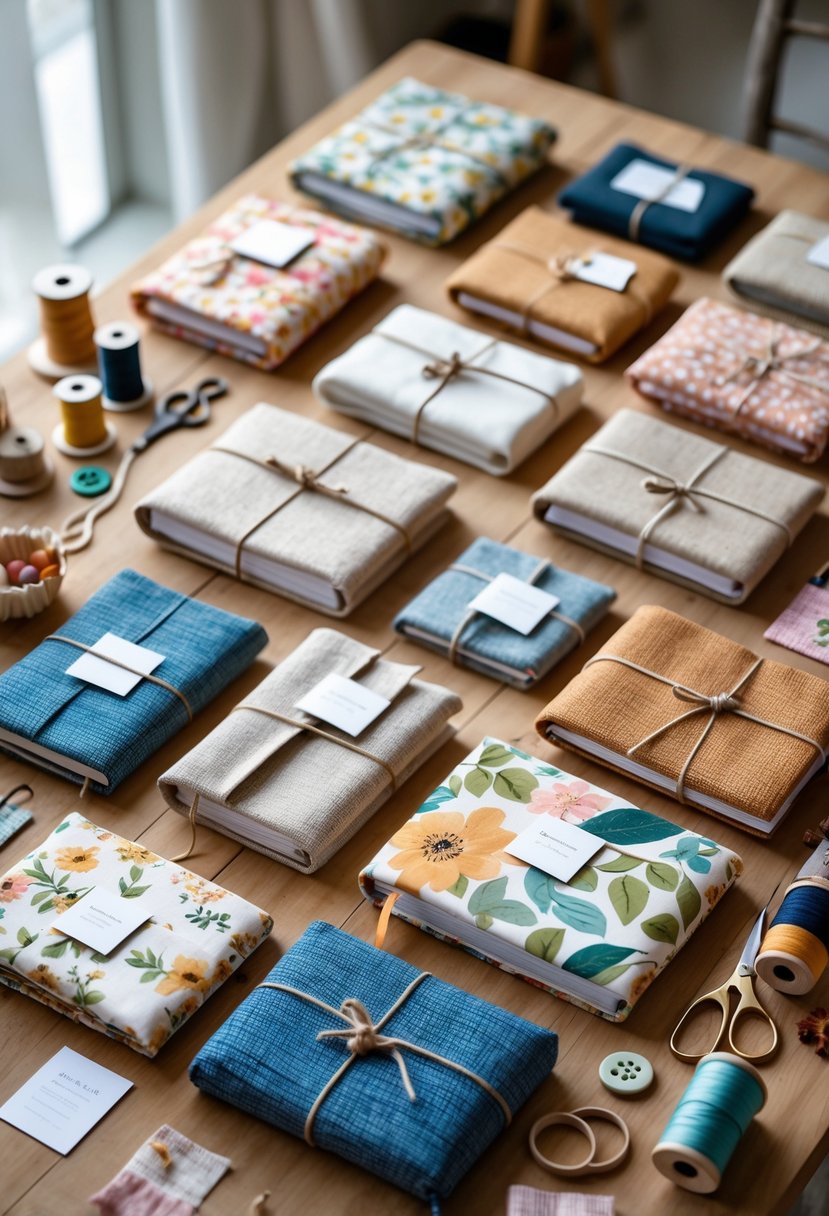 A collection of fabric-covered journals on a wooden table surrounded by crafting materials like thread, scissors, buttons, and fabric swatches.