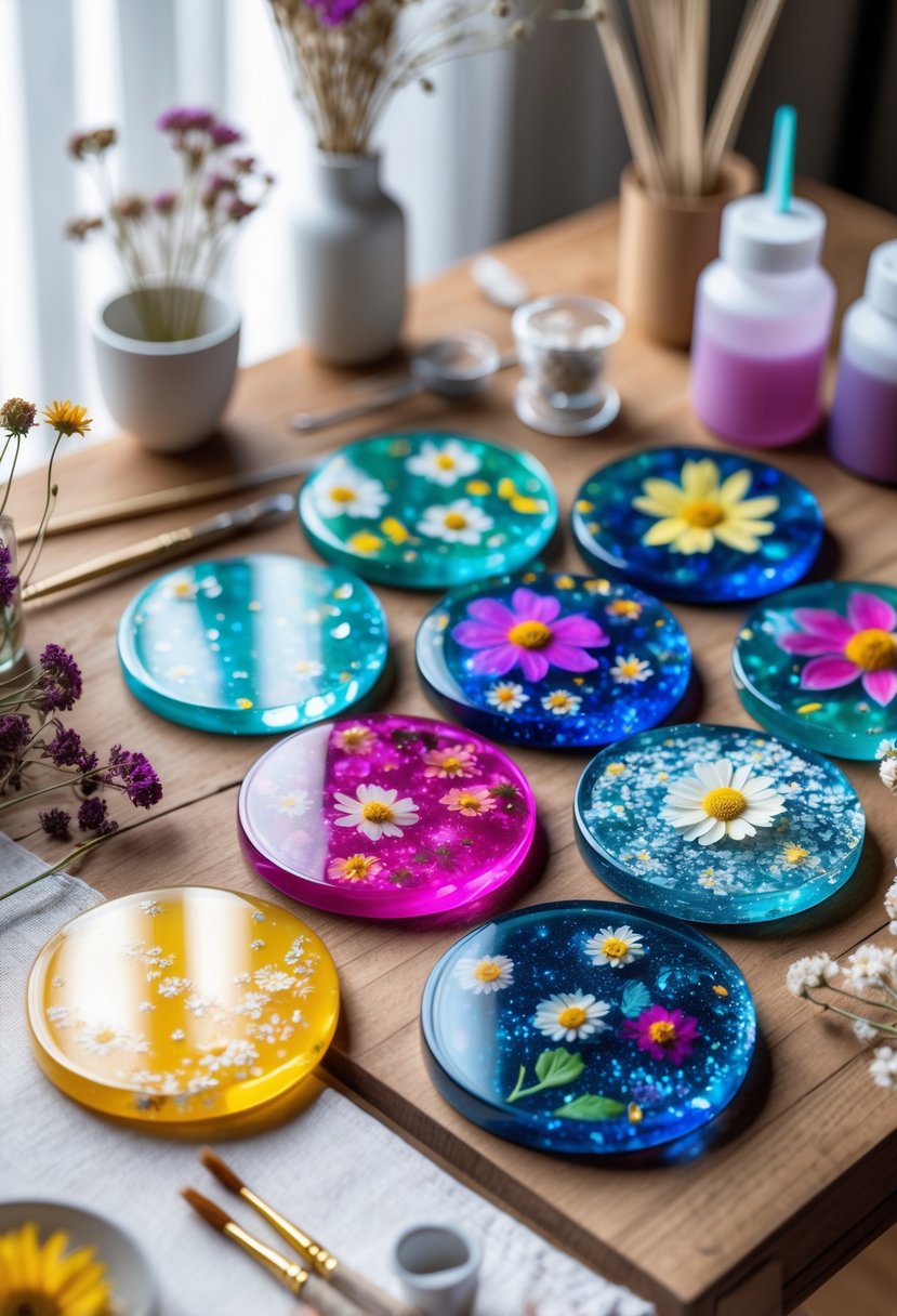A set of colorful resin coasters arranged on a wooden table with crafting materials around them.