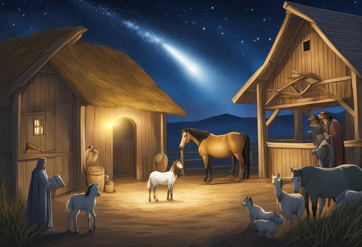 Christian families in their homes, depicting the biblical story of Jesus' birth in Bethlehem