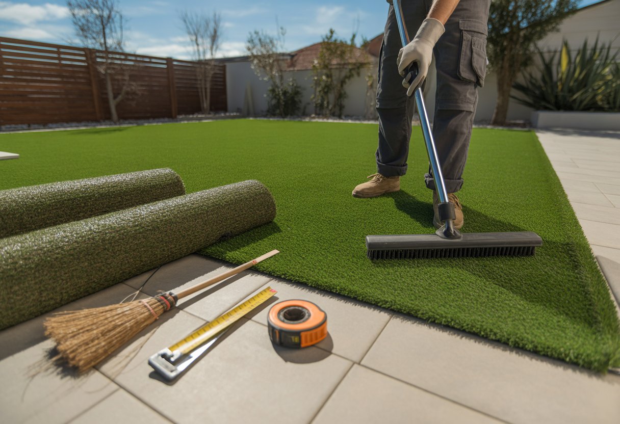 A person cleaning and replacing artificial turf in a sunny backyard with tools and fresh turf rolls nearby.