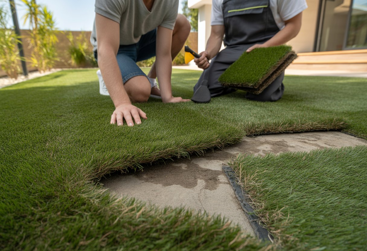 A homeowner and a lawn care professional examine worn and damaged artificial turf in a residential backyard.