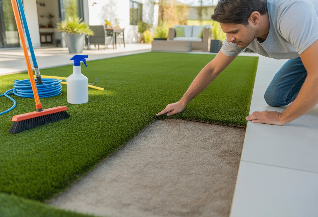 A person inspecting a backyard with artificial turf, showing a clean section next to a worn area, with cleaning tools nearby and a house in the background.