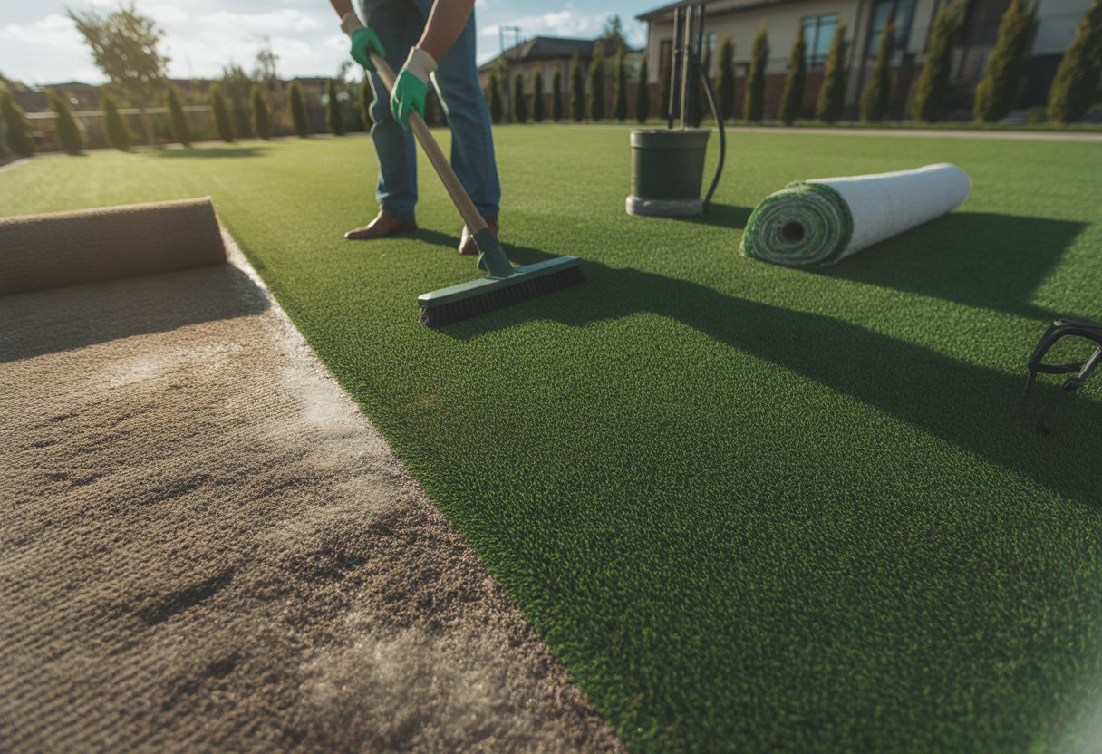 Close-up of artificial turf showing a clean, vibrant side next to a worn, faded side with a gardener cleaning the turf in a residential garden.