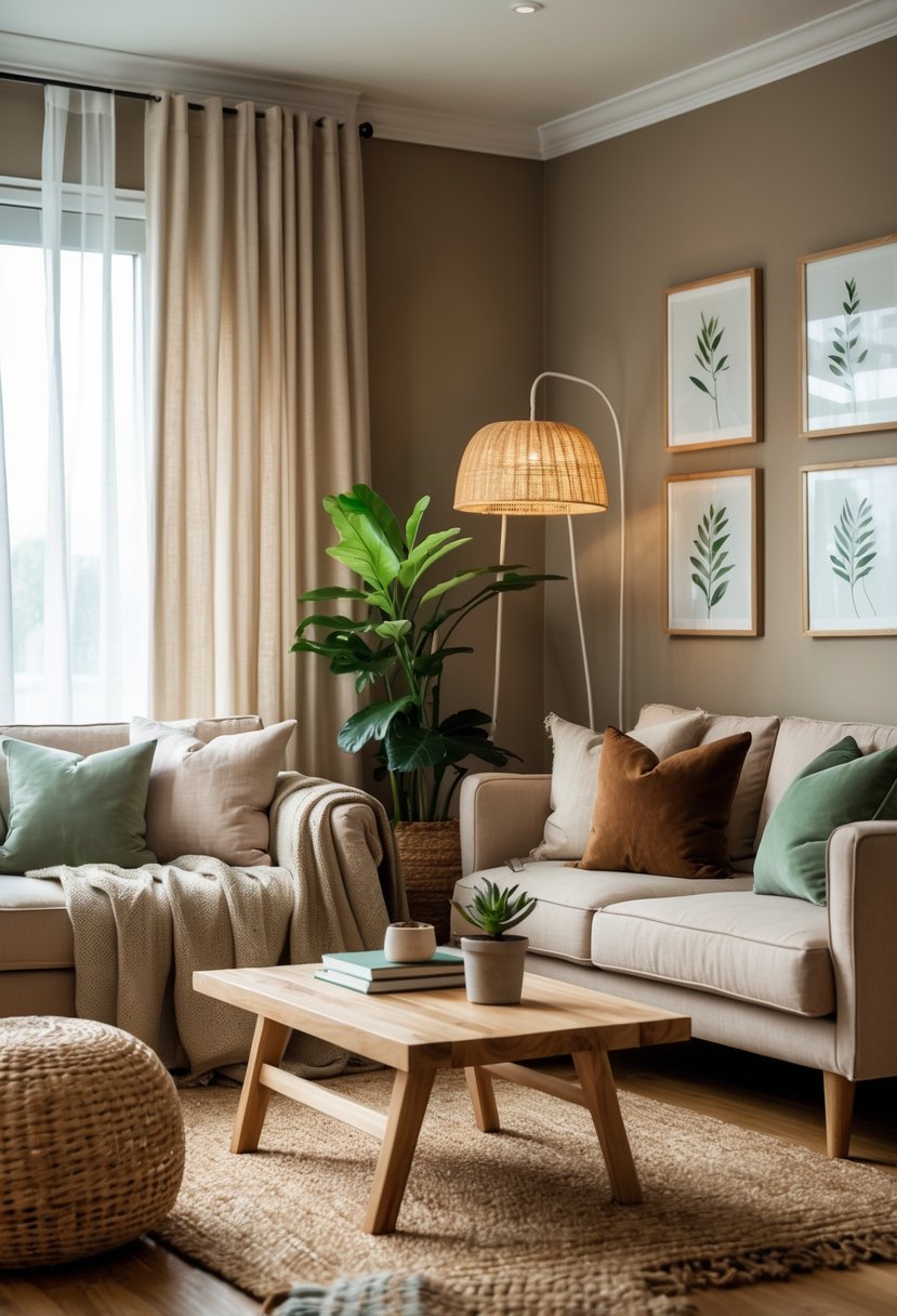 Earth-Tone Living Room Ideas: 22 Stylish Ways to Create a Warm and Inviting Space 2 A living room with a beige sofa, wooden coffee table, indoor plants, and natural light coming through a large window.