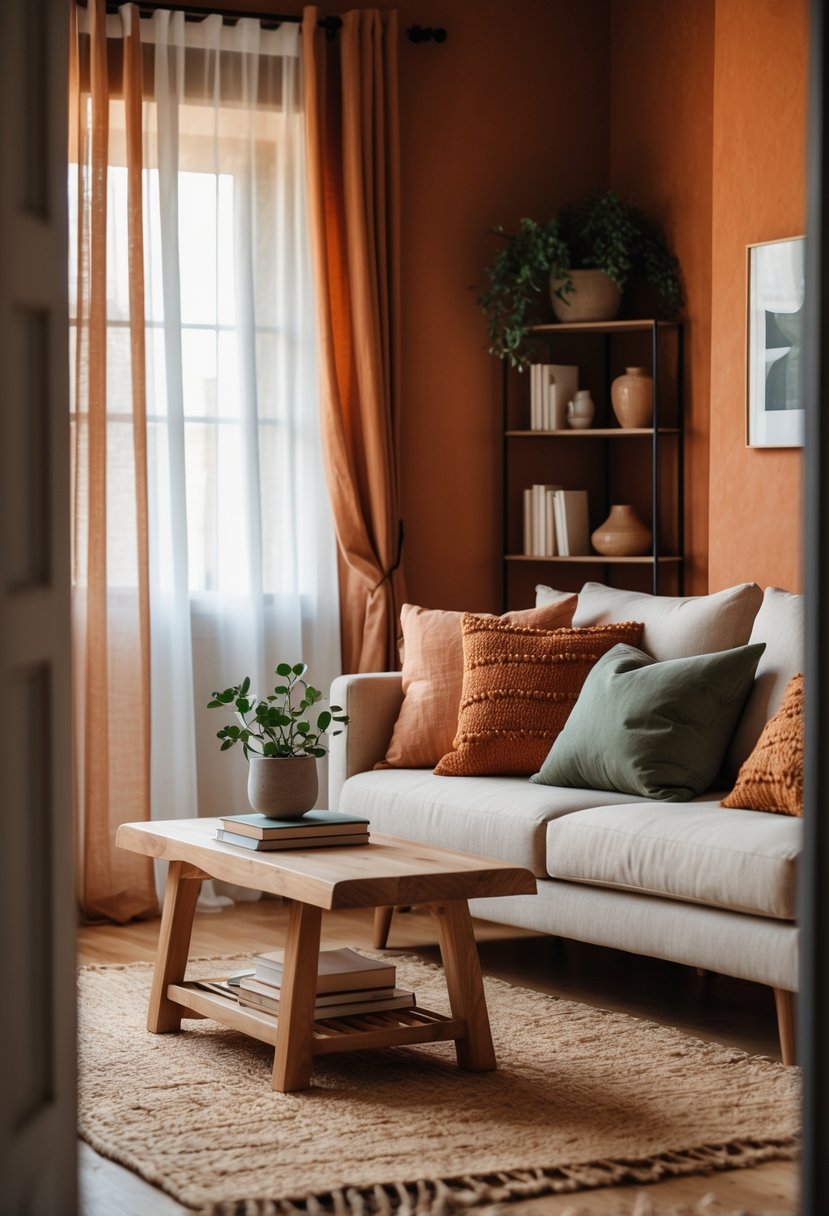 Earth-Tone Living Room Ideas: 22 Stylish Ways to Create a Warm and Inviting Space 3 Living room with warm terracotta walls, beige sofa with cushions, wooden coffee table, potted plant, and natural light.