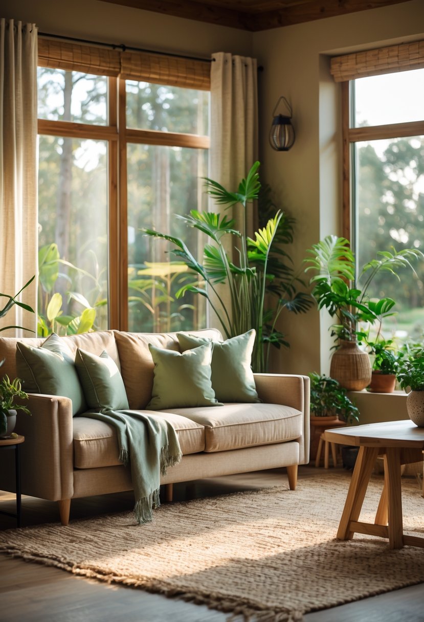 Earth-Tone Living Room Ideas: 22 Stylish Ways to Create a Warm and Inviting Space 4 A living room with a sofa decorated with green pillows, wooden furniture, and plants near a window.