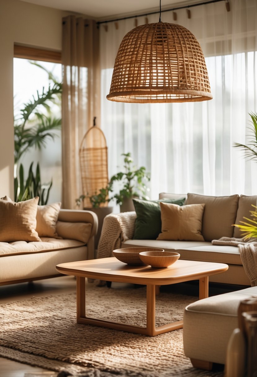 Earth-Tone Living Room Ideas: 22 Stylish Ways to Create a Warm and Inviting Space 5 A living room with a sofa, wooden coffee table, plants, and a rattan light fixture hanging from the ceiling.