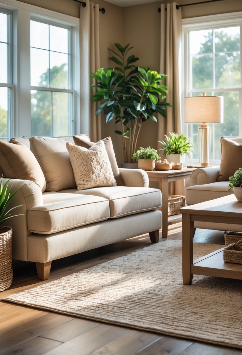Earth-Tone Living Room Ideas: 22 Stylish Ways to Create a Warm and Inviting Space 6 A living room with sandy beige upholstered sofa and armchairs, wooden coffee table, plants, and natural light coming through large windows.