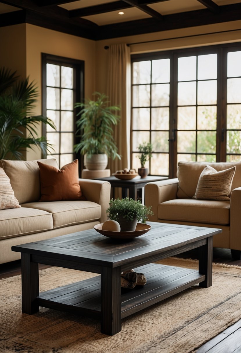 Earth-Tone Living Room Ideas: 22 Stylish Ways to Create a Warm and Inviting Space 7 A living room with dark wood furniture, beige sofa, earth-toned cushions, plants, and natural light coming through large windows.