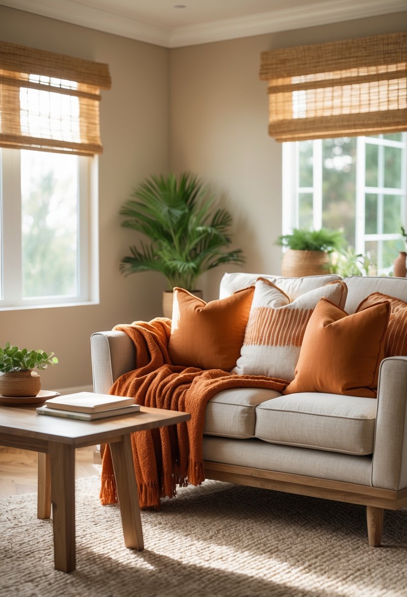 Earth-Tone Living Room Ideas: 22 Stylish Ways to Create a Warm and Inviting Space 8 A living room with a beige sofa, burnt orange throw blanket and pillows, wooden coffee table, green plant, and natural light coming through windows.