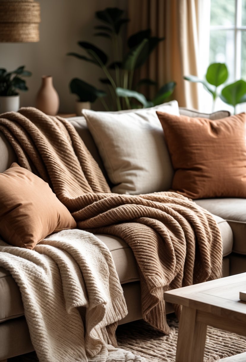 Earth-Tone Living Room Ideas: 22 Stylish Ways to Create a Warm and Inviting Space 9 A living room with layered soft brown throw blankets on a sofa surrounded by earth-tone decorations and natural light.
