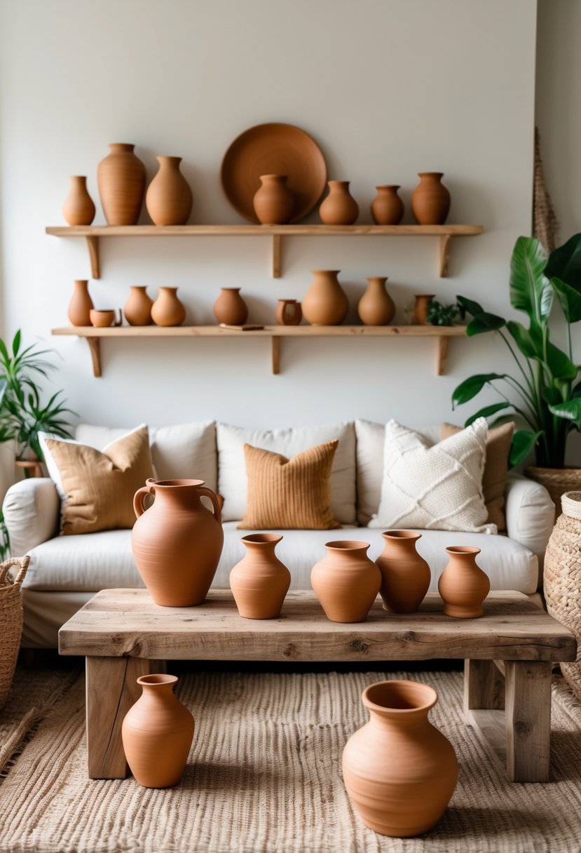 Earth-Tone Living Room Ideas: 22 Stylish Ways to Create a Warm and Inviting Space 10 A living room with clay pottery displayed on shelves and a coffee table, surrounded by neutral furniture and plants.