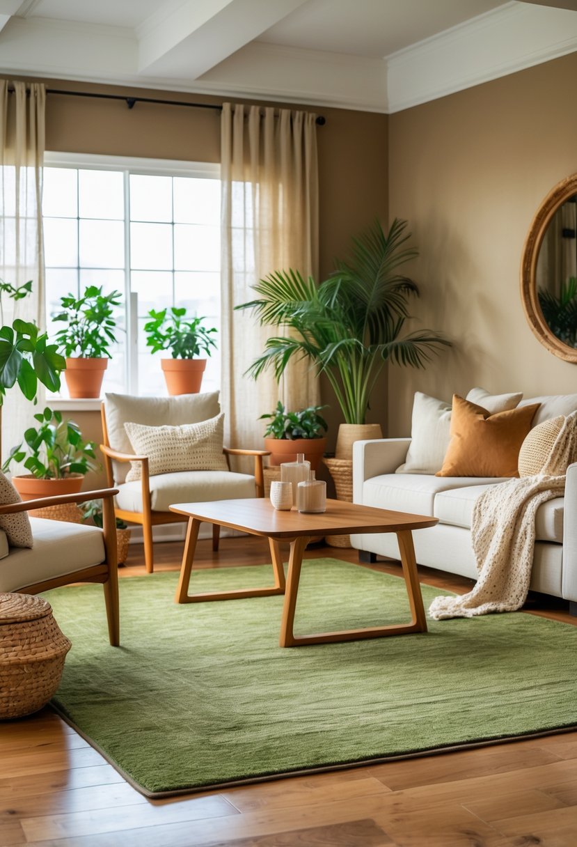 Earth-Tone Living Room Ideas: 22 Stylish Ways to Create a Warm and Inviting Space 11 A living room with muted olive green rugs, wooden furniture, a sofa with cushions, indoor plants, and natural light coming through large windows.
