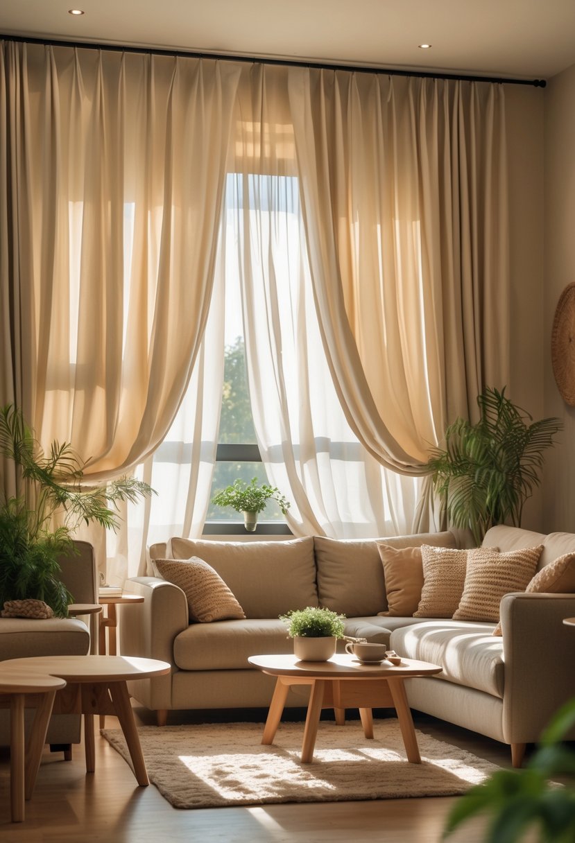 Earth-Tone Living Room Ideas: 22 Stylish Ways to Create a Warm and Inviting Space 12 A living room with soft beige curtains filtering sunlight, a sofa with cushions, wooden furniture, plants, and an area rug.