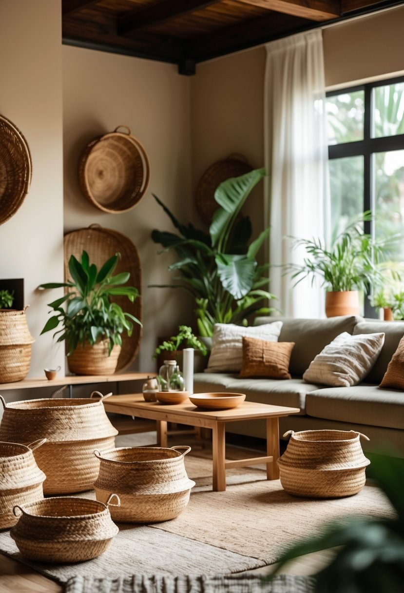 Earth-Tone Living Room Ideas: 22 Stylish Ways to Create a Warm and Inviting Space 13 A living room with woven baskets used for storage, a sofa, wooden coffee table, and indoor plants.