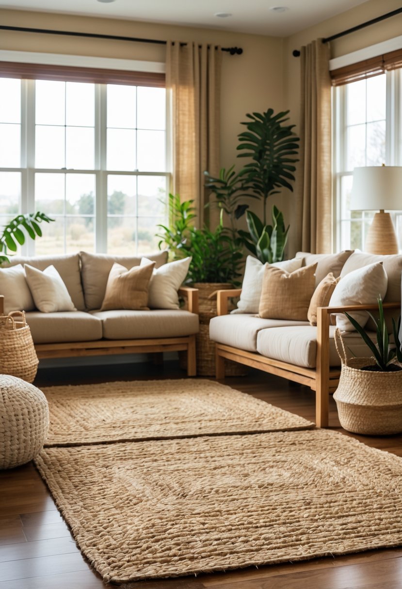 Earth-Tone Living Room Ideas: 22 Stylish Ways to Create a Warm and Inviting Space 14 A living room with textured jute area rugs, wooden furniture, potted plants, and natural light creating a warm and inviting atmosphere.