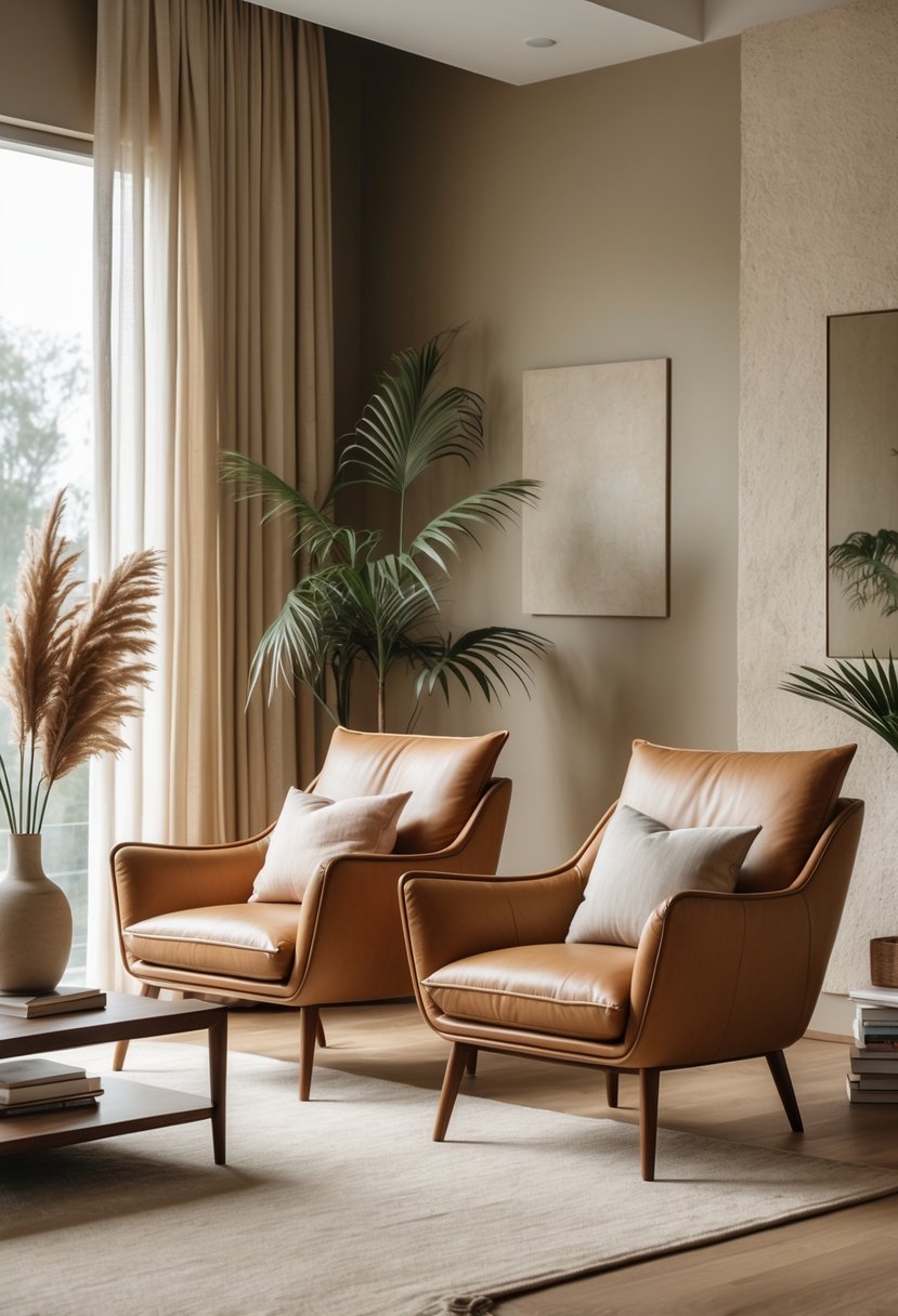 Earth-Tone Living Room Ideas: 22 Stylish Ways to Create a Warm and Inviting Space 15 A living room with camel leather chairs, a wooden floor, a beige rug, a coffee table with decorative items, and plants near large windows.