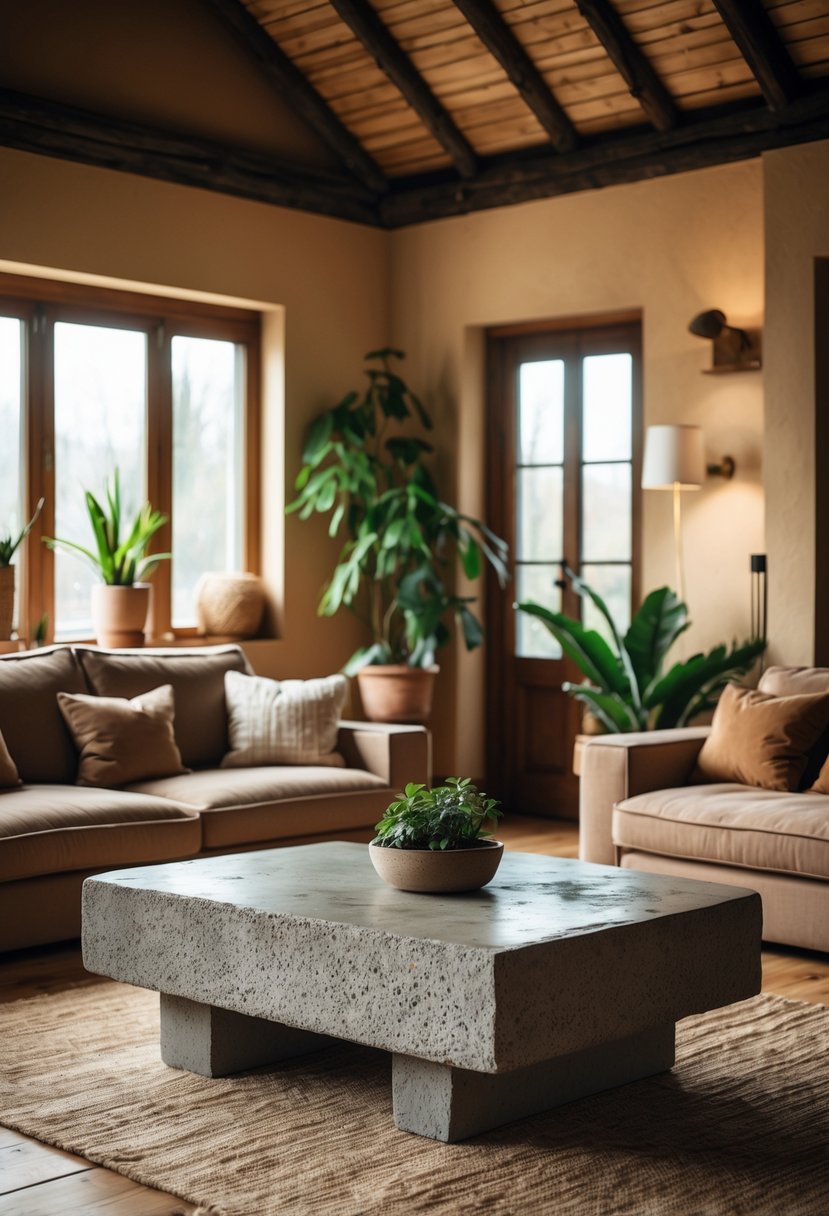 Earth-Tone Living Room Ideas: 22 Stylish Ways to Create a Warm and Inviting Space 16 Living room with a stone coffee table, comfortable seating, wooden floors, and plants near large windows.
