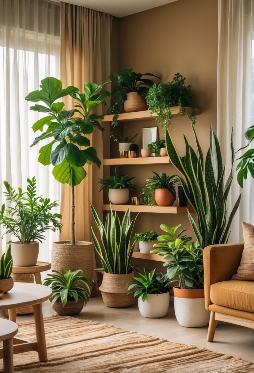 Earth-Tone Living Room Ideas: 22 Stylish Ways to Create a Warm and Inviting Space 17 A living room with earth-tone colors and various indoor plants placed around the space, including tall and small green plants near windows and on tables.