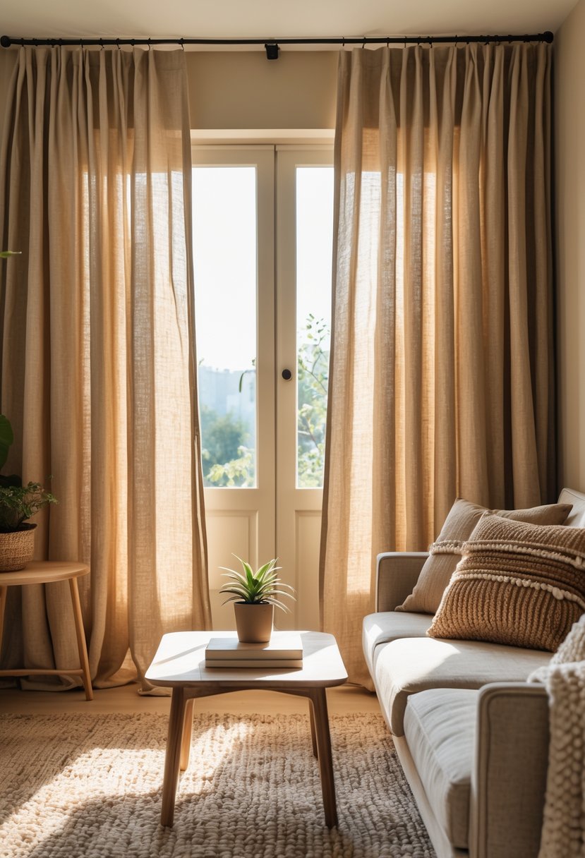 Earth-Tone Living Room Ideas: 22 Stylish Ways to Create a Warm and Inviting Space 18 A living room with beige linen curtains, a sofa with cushions, a wooden coffee table, and natural light coming through the window.