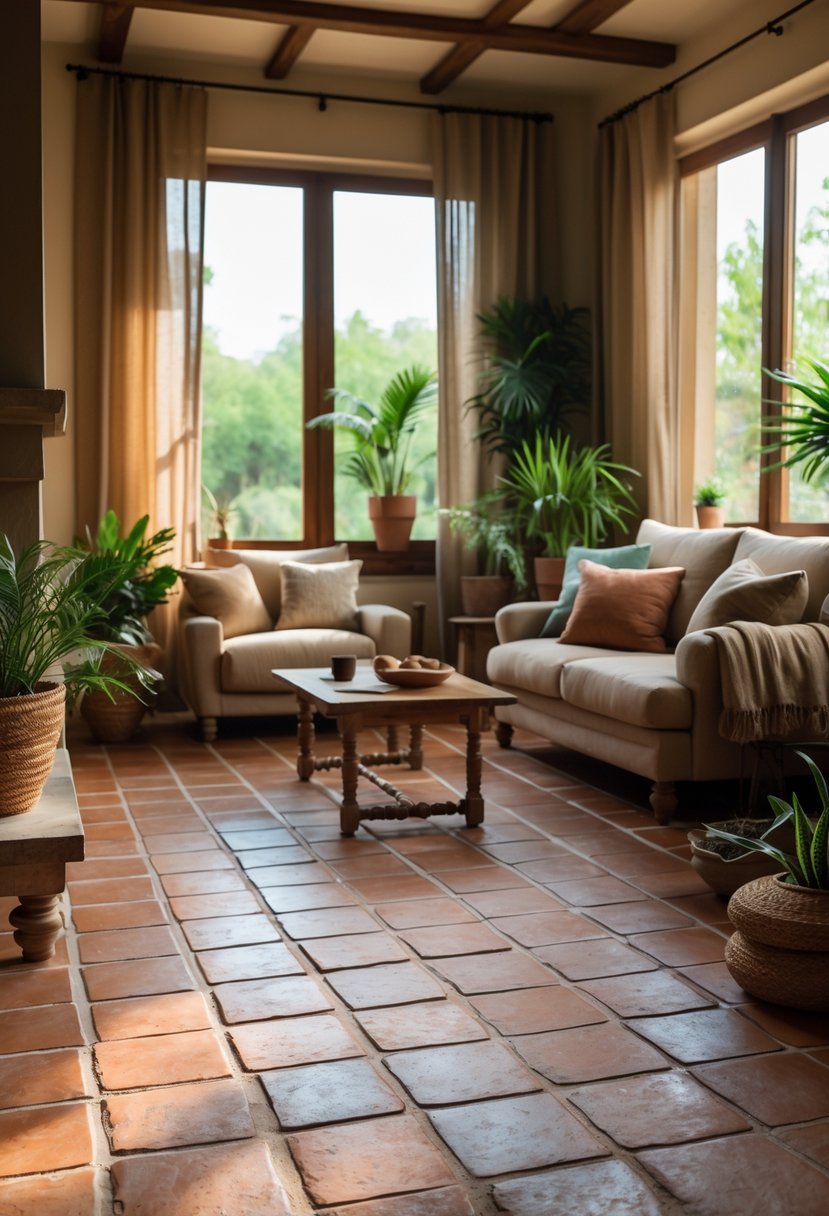 Earth-Tone Living Room Ideas: 22 Stylish Ways to Create a Warm and Inviting Space 19 Living room with terracotta floor tiles, a sofa, coffee table, plants, and natural light.
