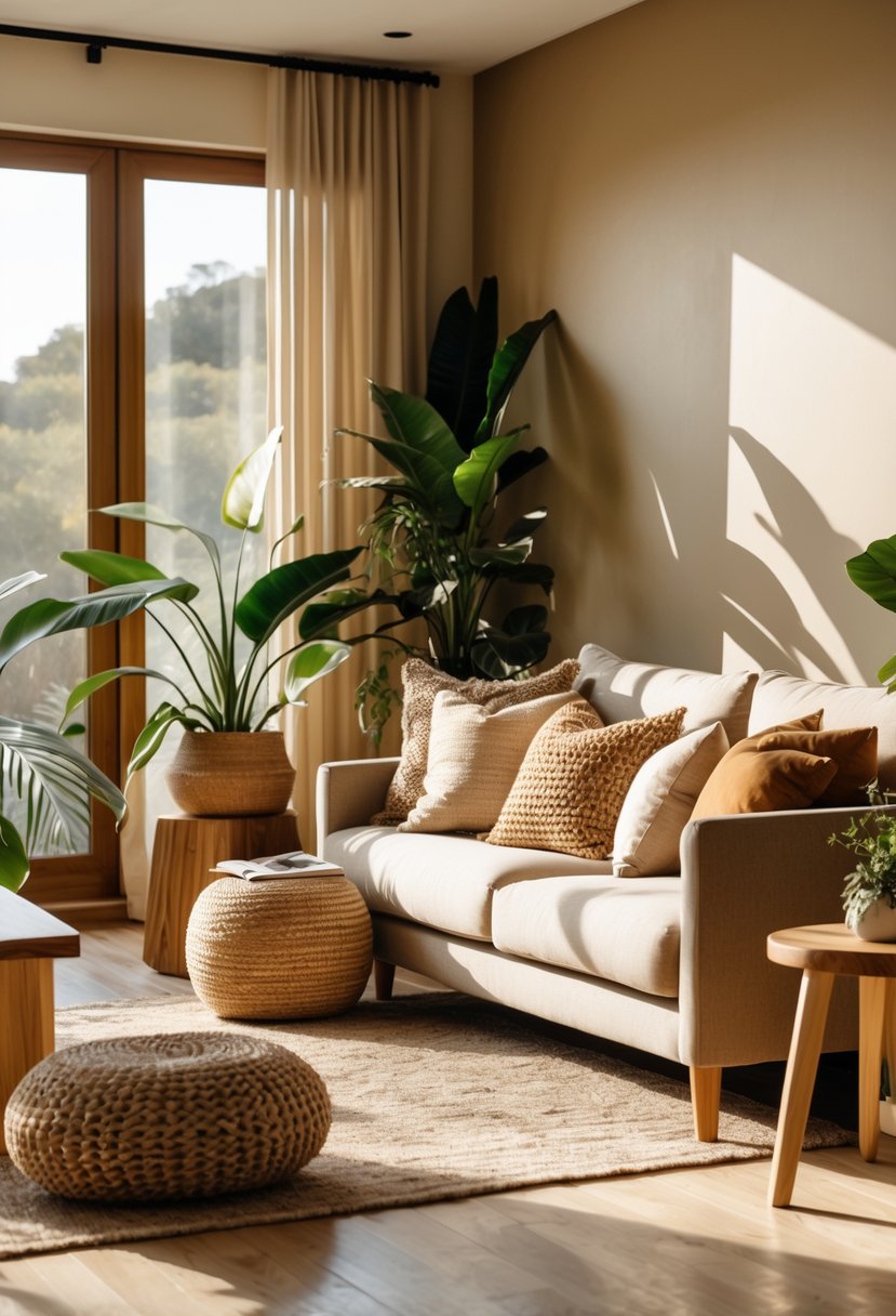 Earth-Tone Living Room Ideas: 22 Stylish Ways to Create a Warm and Inviting Space 20 A living room with a sofa decorated with natural fiber cushions, wooden furniture, plants, and soft natural light.