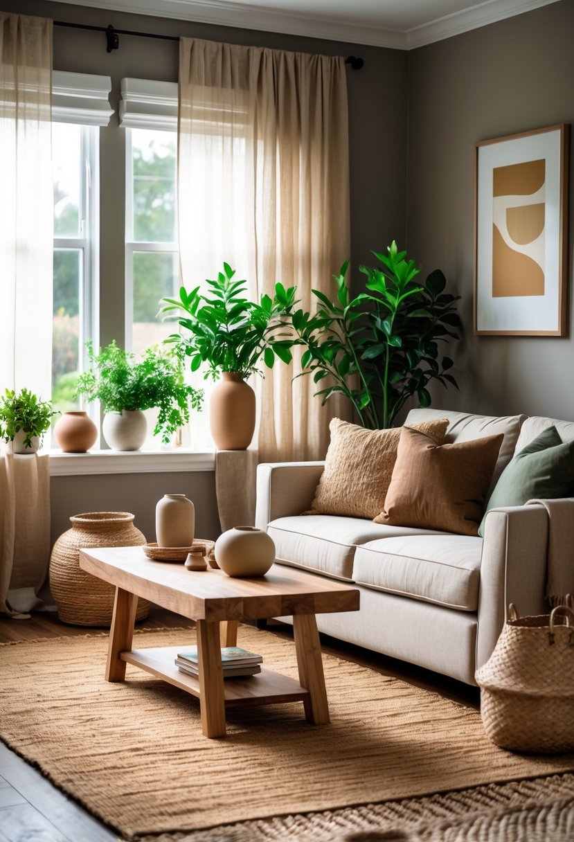 Earth-Tone Living Room Ideas: 22 Stylish Ways to Create a Warm and Inviting Space 21 A living room with warm gray walls, a beige sofa, wooden coffee table, plants near a window, and earth-tone decorations.