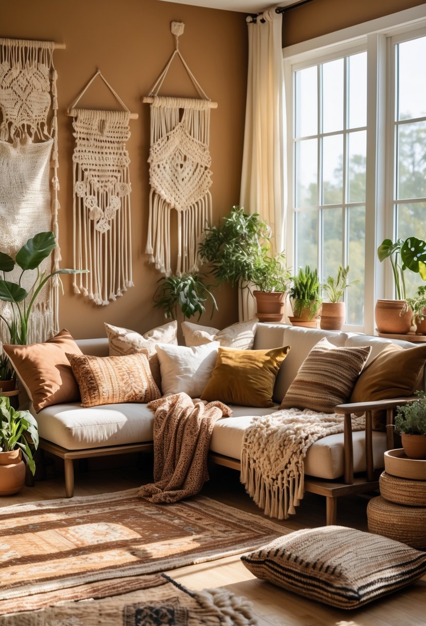 Earth-Tone Living Room Ideas: 22 Stylish Ways to Create a Warm and Inviting Space 23 Sunlit living room with a sofa, layered cushions, woven rugs, plants, and wooden furniture.