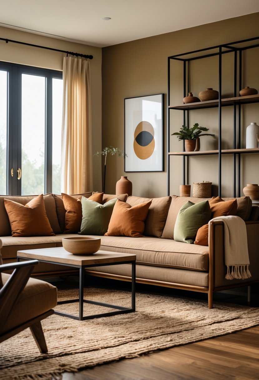 Earth-Tone Living Room Ideas: 22 Stylish Ways to Create a Warm and Inviting Space 24 A living room with a beige sofa, earth-tone pillows, black metal framed artwork and shelves, wooden furniture, and natural light coming through large windows.