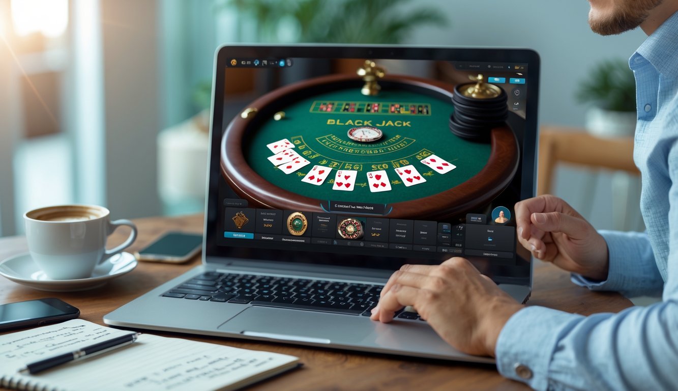 Seseorang sedang bermain blackjack online di laptop dengan suasana ruangan yang nyaman dan alat tulis di meja.