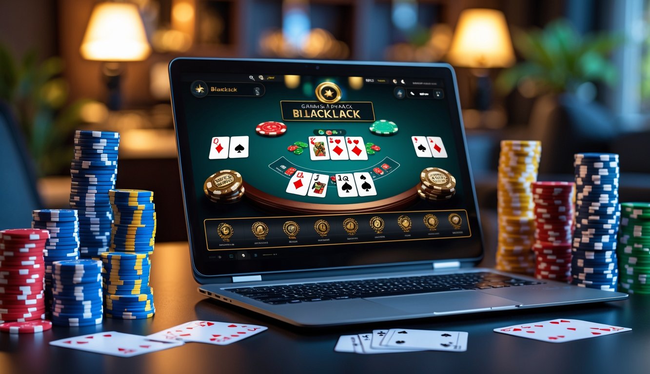 Sebuah laptop menampilkan permainan blackjack online dengan kartu dan tumpukan chip poker di sekitarnya.