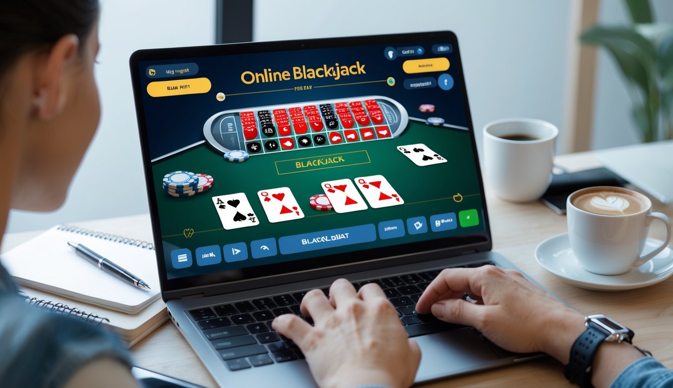 Seseorang bermain blackjack online di komputer dengan kartu dan chip terlihat, di meja dengan catatan dan kopi.