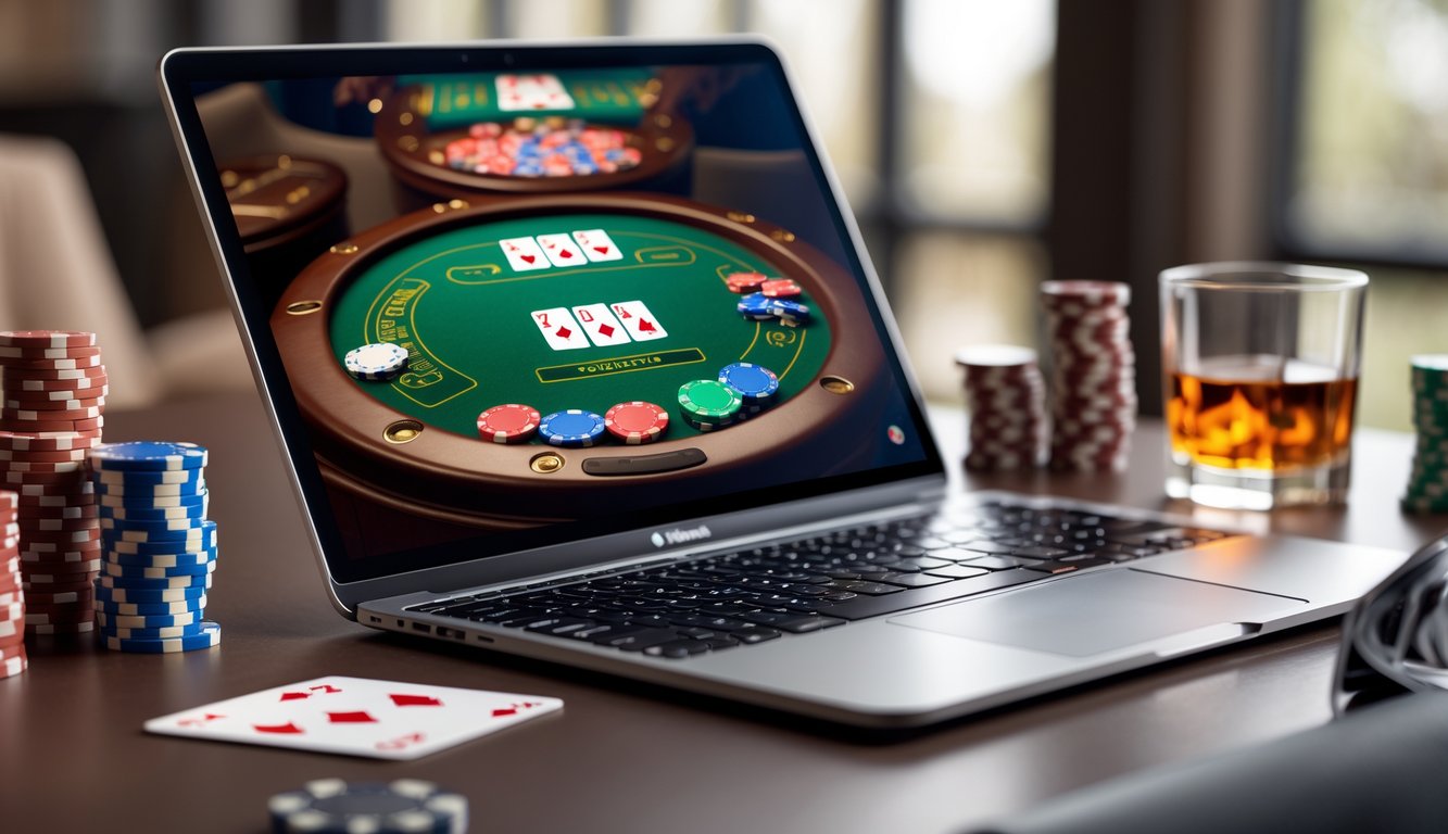 Sebuah laptop menampilkan permainan blackjack online dengan kartu dan chip poker di sekitarnya.