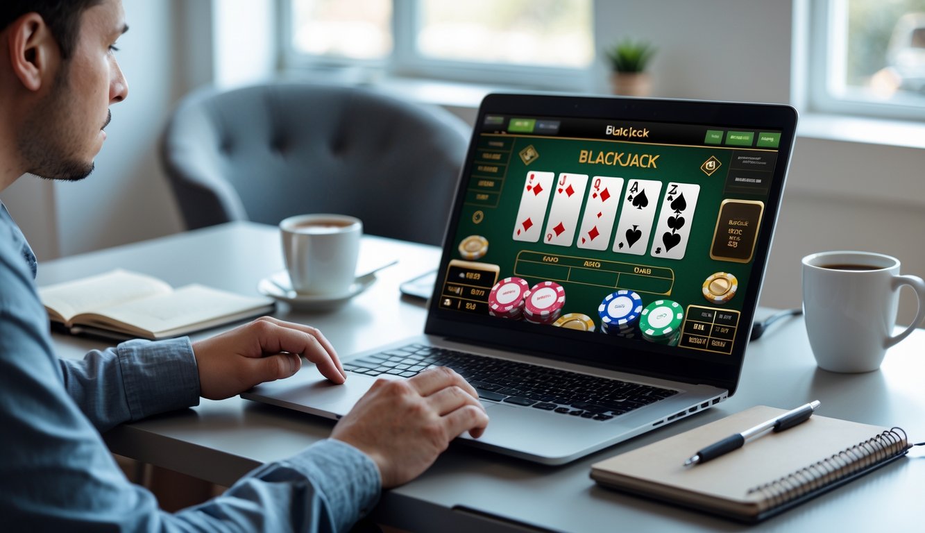 Seorang pria bermain blackjack online di laptop dengan fokus di meja kerja yang rapi.