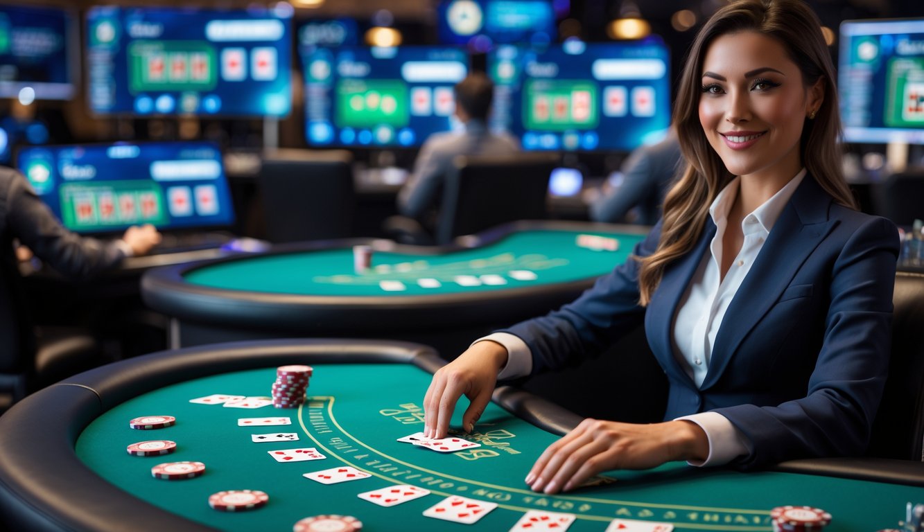 Seorang dealer blackjack profesional sedang membagikan kartu di meja hijau dengan chip dan kartu terlihat, dikelilingi oleh layar komputer yang menunjukkan permainan blackjack online.