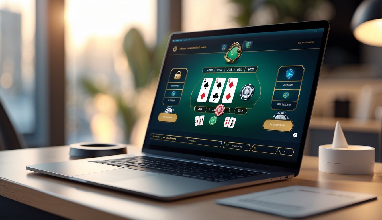 Seorang pemain sedang bermain blackjack online di komputer dengan suasana yang aman dan profesional.