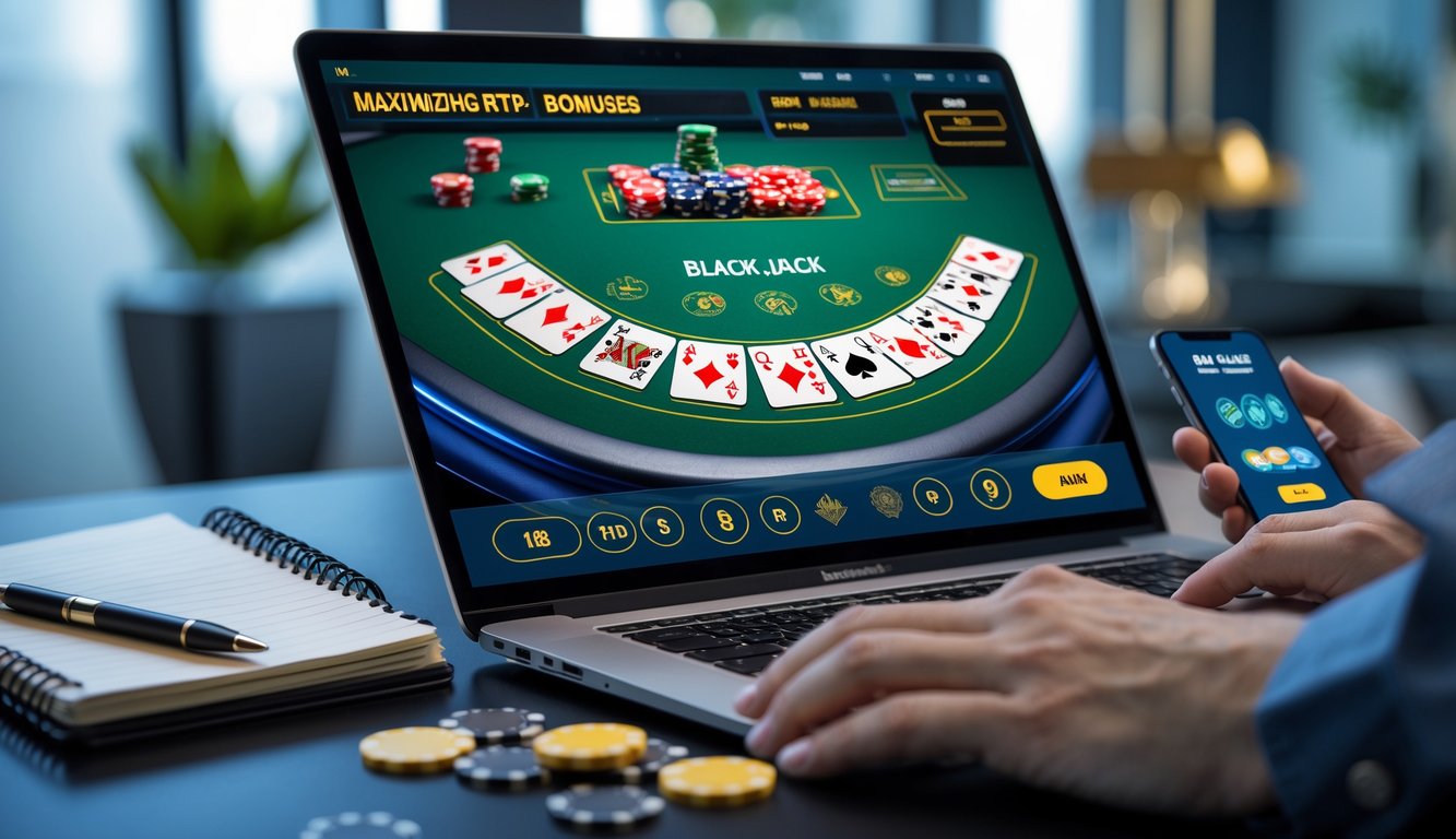 Seseorang bermain blackjack online di laptop dengan kartu dan chip di layar serta catatan dan ponsel di meja.