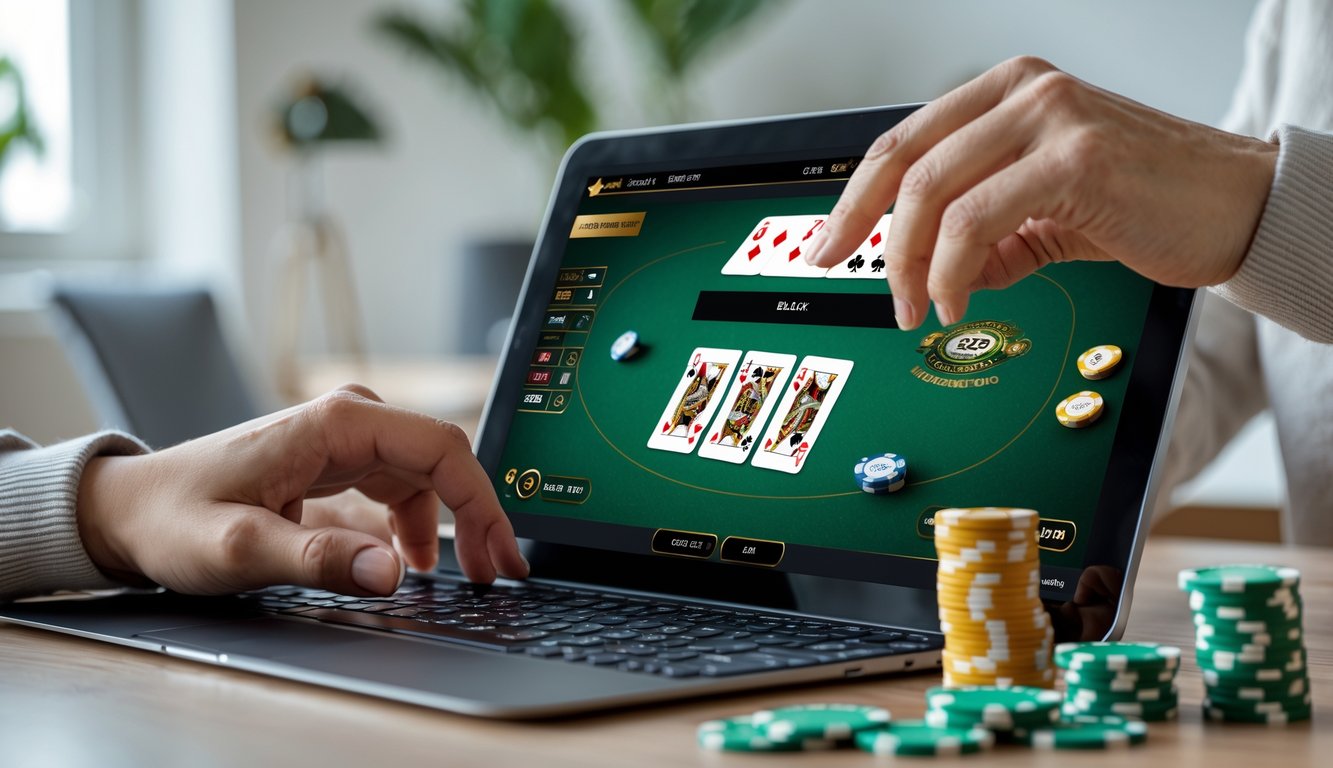 Seseorang bermain blackjack online dengan taruhan kecil menggunakan laptop di meja kerja.