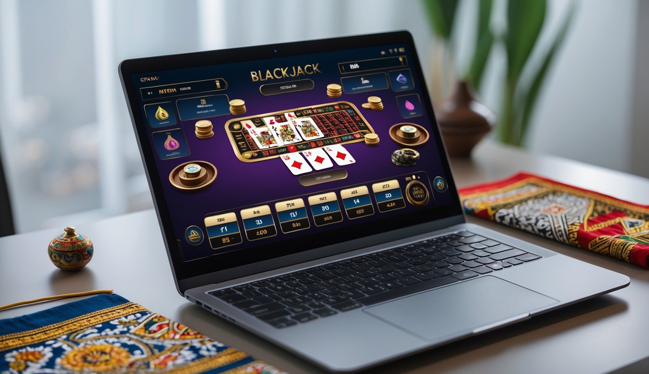 Seorang pemain sedang bermain blackjack online di depan komputer dengan latar belakang meja kerja yang rapi dan hiasan tradisional Indonesia.