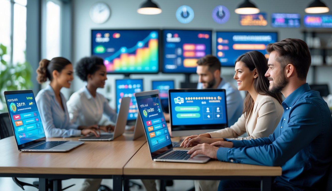 Beberapa orang sedang menggunakan komputer dan tablet di kantor modern untuk mengikuti undian secara online dengan suasana yang fokus dan profesional.