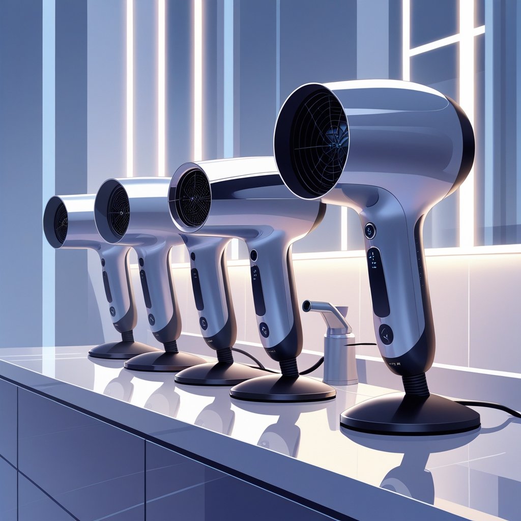 A bathroom countertop displaying five modern hairdryers arranged side by side, each with a sleek design and glowing accents suggesting high performance.