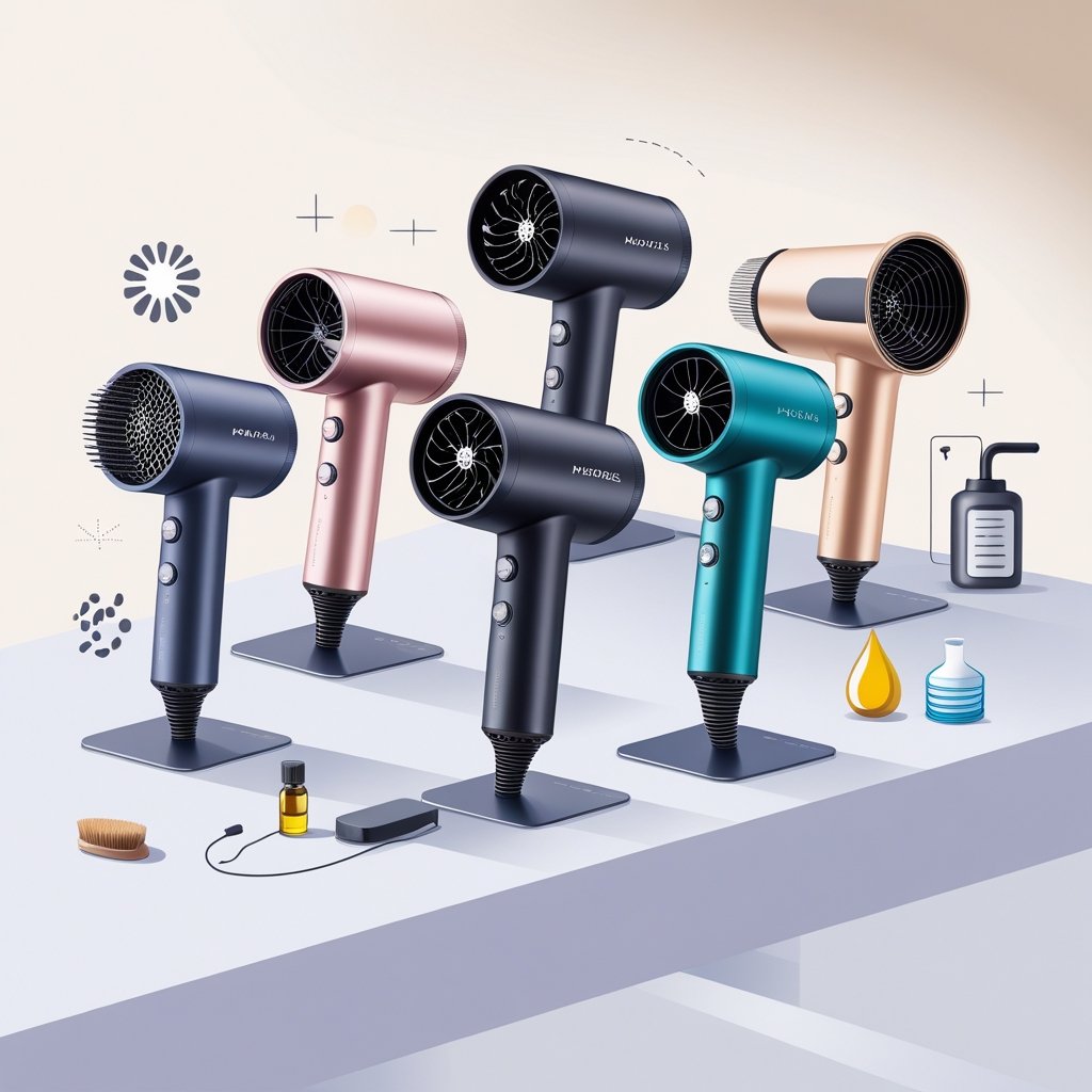 Five different hairdryers displayed on a clean surface with small icons representing maintenance tools and tips around them.