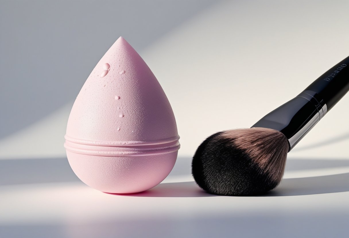Close-up of a beauty blender and a makeup brush placed side by side on a white surface.