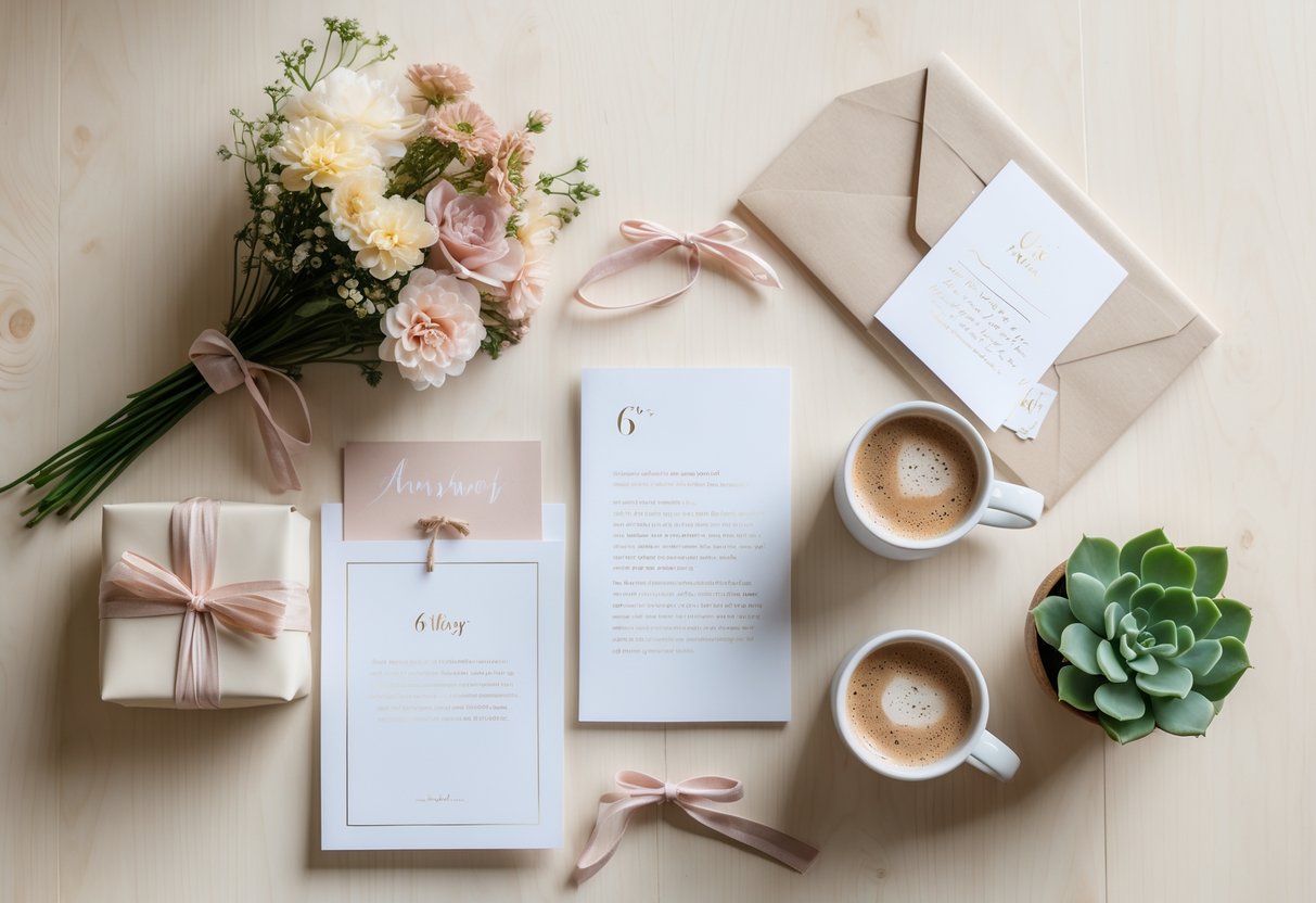 A flat lay of affordable 6-year anniversary gifts including a wrapped box, flowers, a handwritten note, coffee mugs, and a small potted plant on a wooden surface.