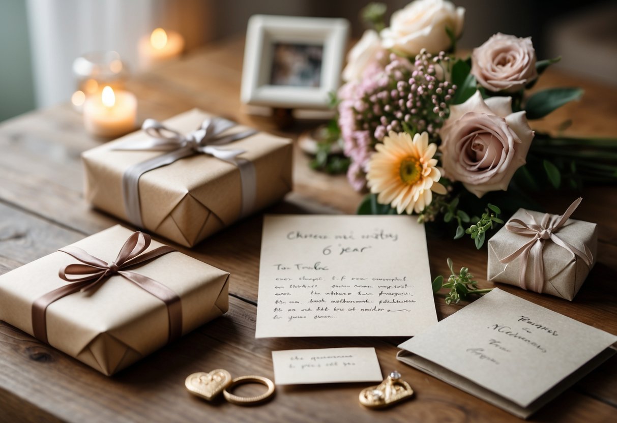 A table with a small wrapped gift, a handwritten note, a bouquet of flowers, and a keepsake arranged together.